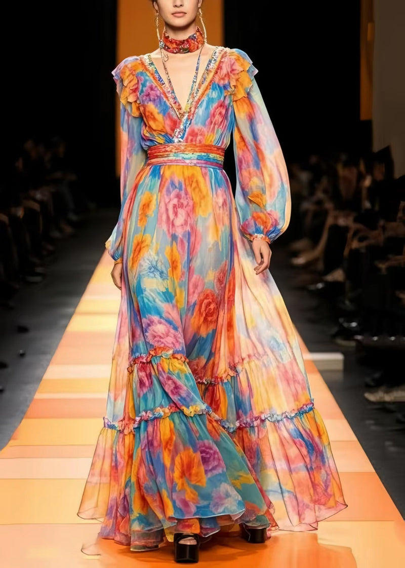 Handmade Rainbow Print Chiffon Vacation Dresses Summer
