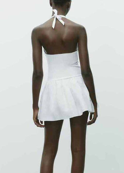 White Wrinkled Cotton Mini Dress Backless Summer