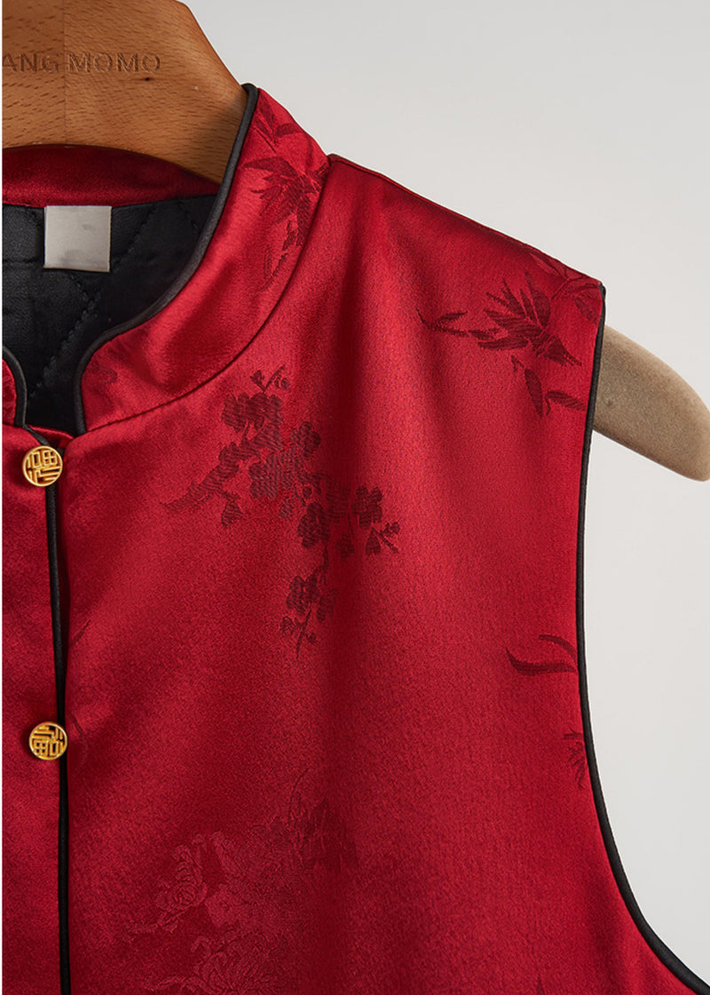 Red Jacquard Patchwork Feather Silk Vests Fall
