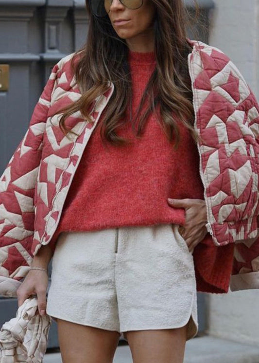 French Red Zip Up Pockets Fine Cotton Filled Short Jacket Winter