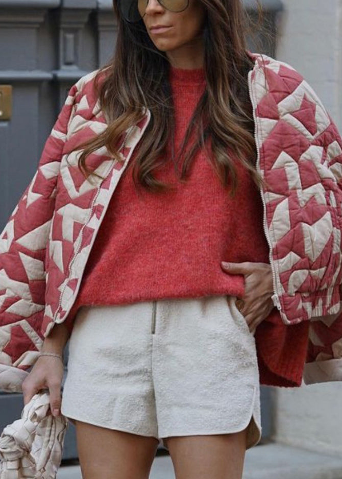 French Red Zip Up Pockets Fine Cotton Filled Short Jacket Winter