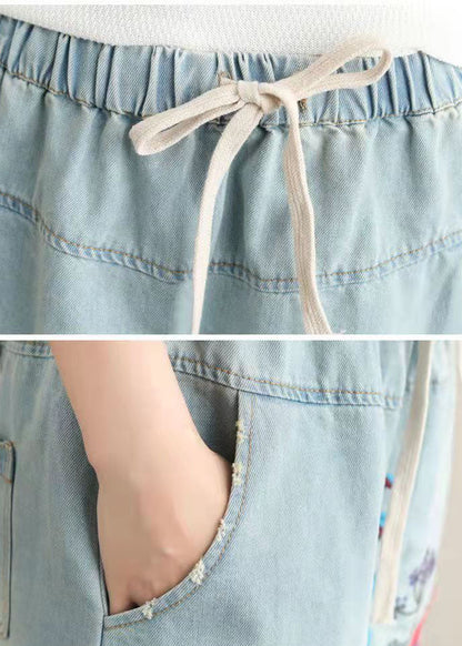 Light Blue Embroidered Pockets A-line Summer Denim Skirts