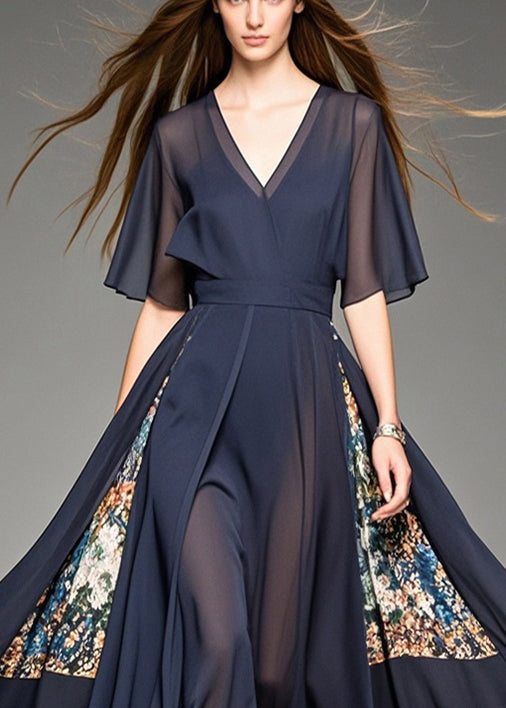 Black Patchwork Print Chiffon Long Dresses Cinched Summer