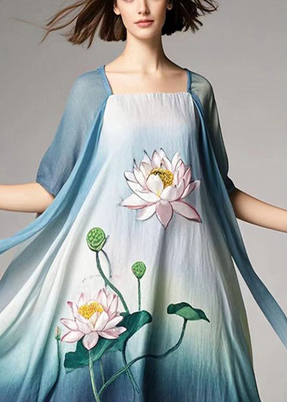 Gradient Color Lotus Print Cotton a Line Dress Summer