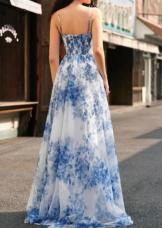 Unique Blue Print Side Open Chiffon Spaghetti Strap Dress Summer