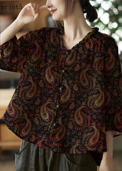 Pink-print5 V Neck Ruffled Print Linen Blouse Top Half Sleeve