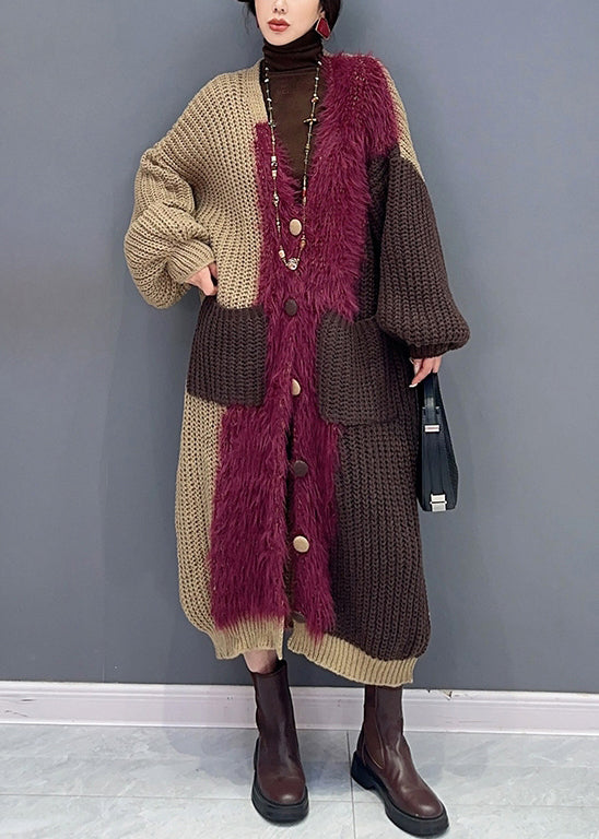 Green V Neck Button Pockets Patchwork Knit Cardigan Fall