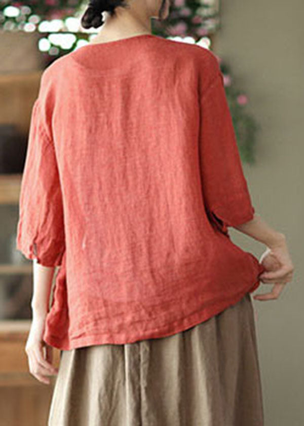 Red O-neck Pockets Linen Loose Cardigans Half Sleeve