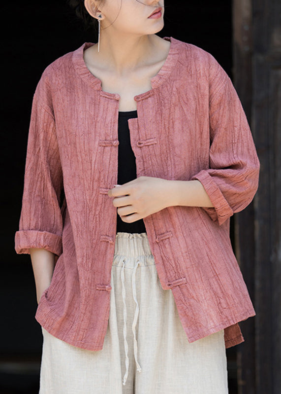 Pink O-neck Patchwork Tops Bracelet Sleeve