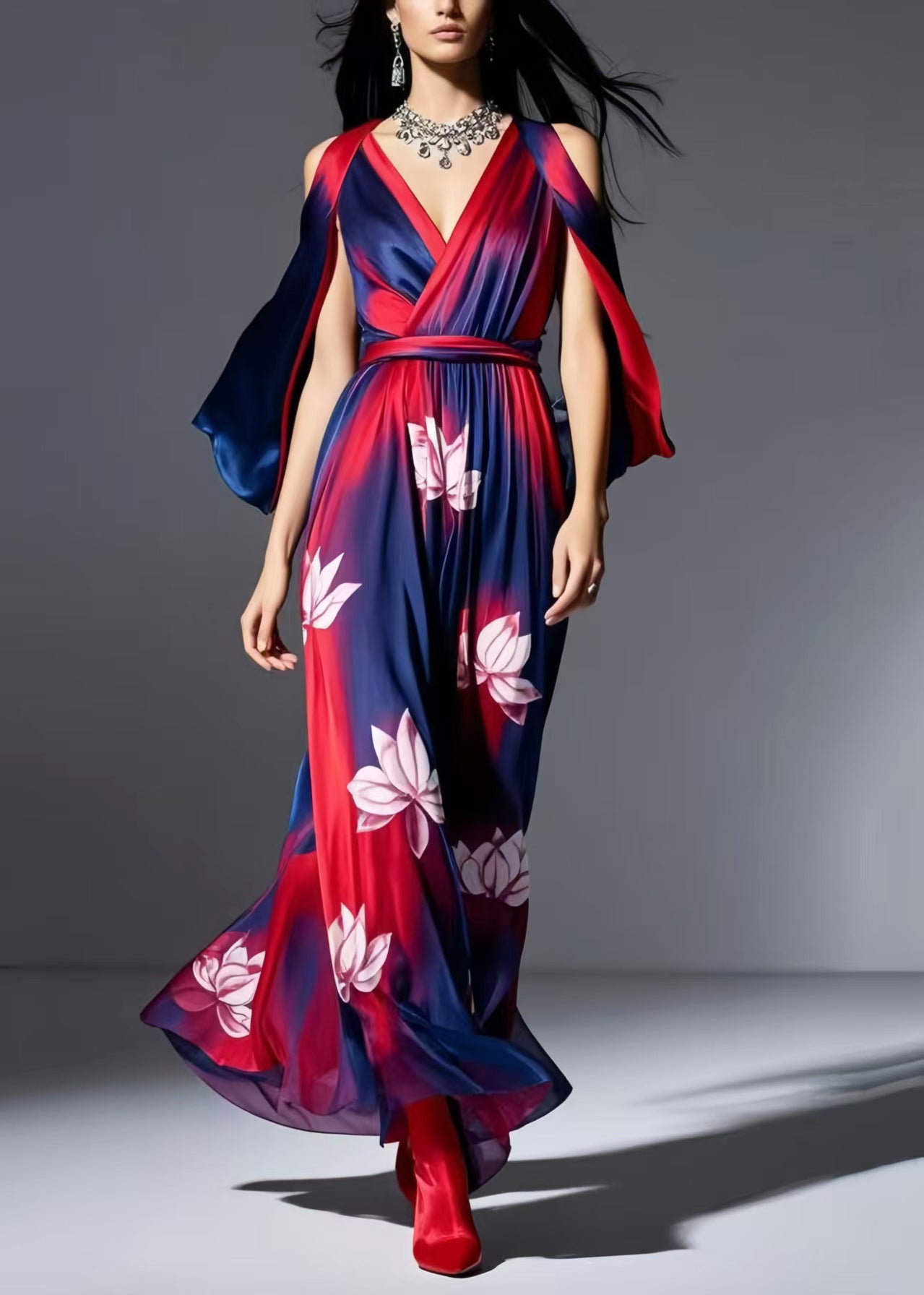 Navy Cold Shoulder Tie Dye Chiffon Dresses Summer