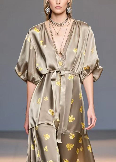 Brown V Neck Print Silk Dress Summer