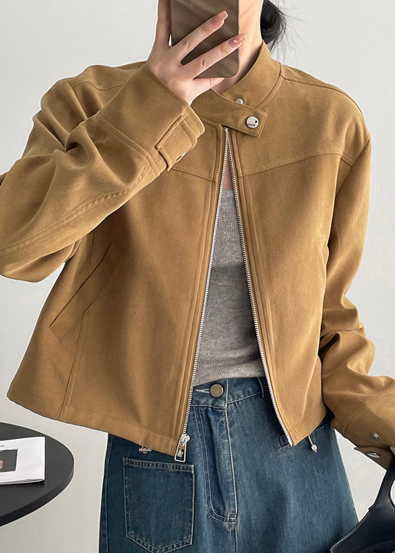 Brown Stand Collar Zippered Faux Suede Coats Fall