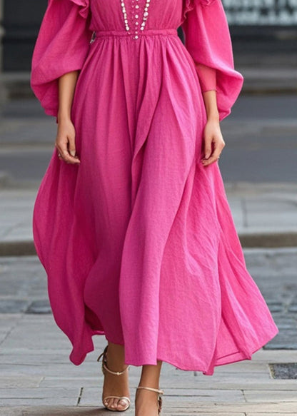 Rose Ruffled Nail Bead Cotton Party Dress Fall