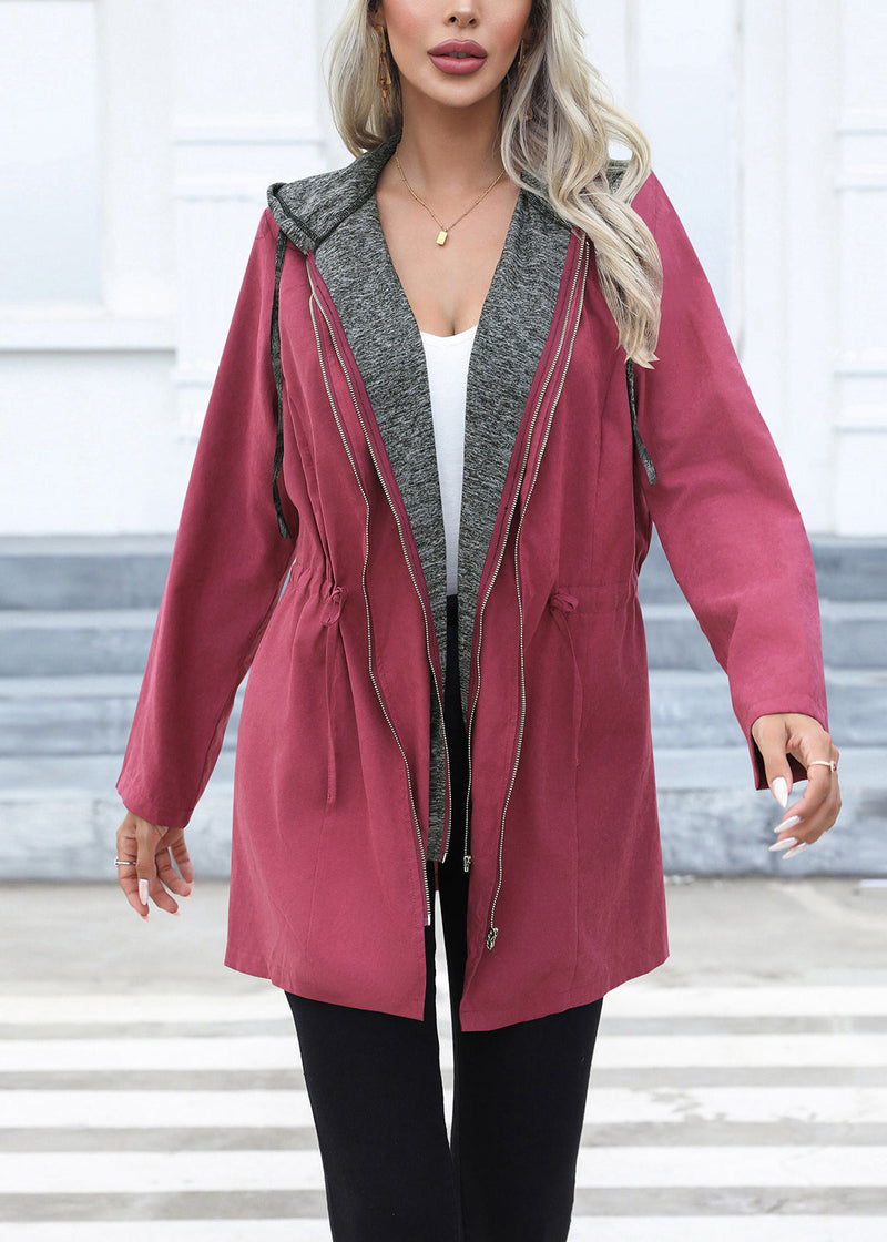 Green Drawstring Patchwork Cotton Hoodie Coat Fall