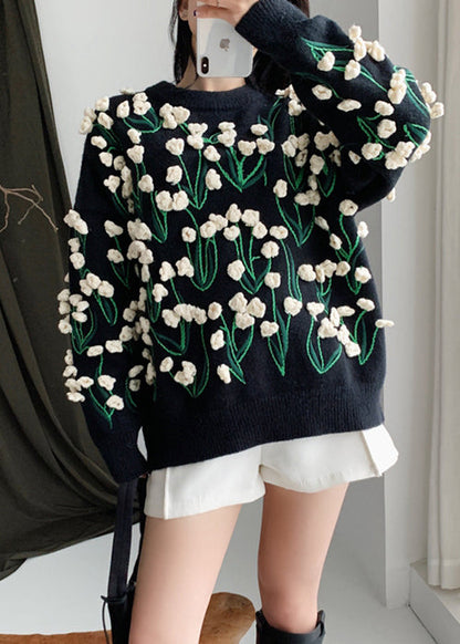Black O Neck Cozy Cotton Knit Sweater Winter
