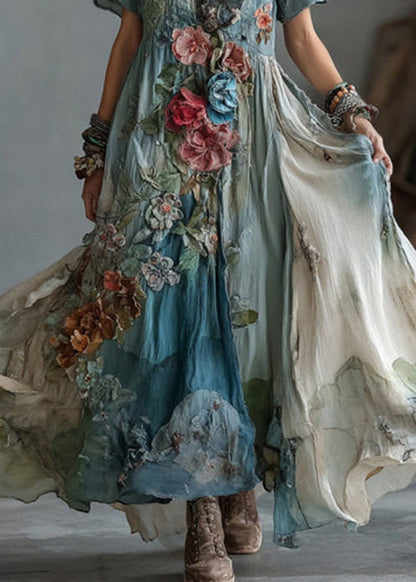 Unique Blue V Neck Tie Dye Cotton Maxi Dress Summer