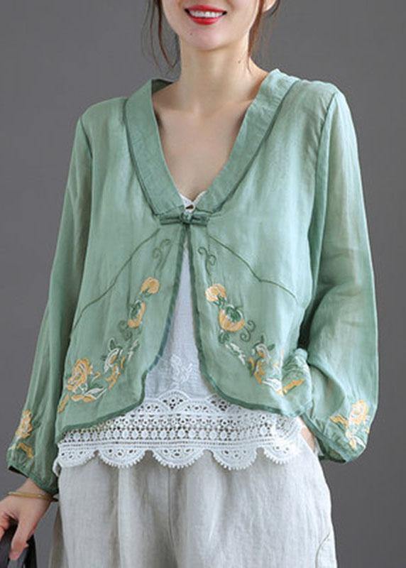 Green V Neck Embroideried Summer Ramie Cardigan Long Sleeve