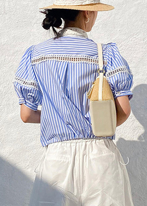 Blue Striped Hollow Out Cotton Blouses Summer