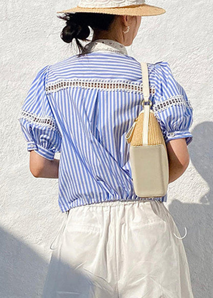 Blue Striped Hollow Out Cotton Blouses Summer