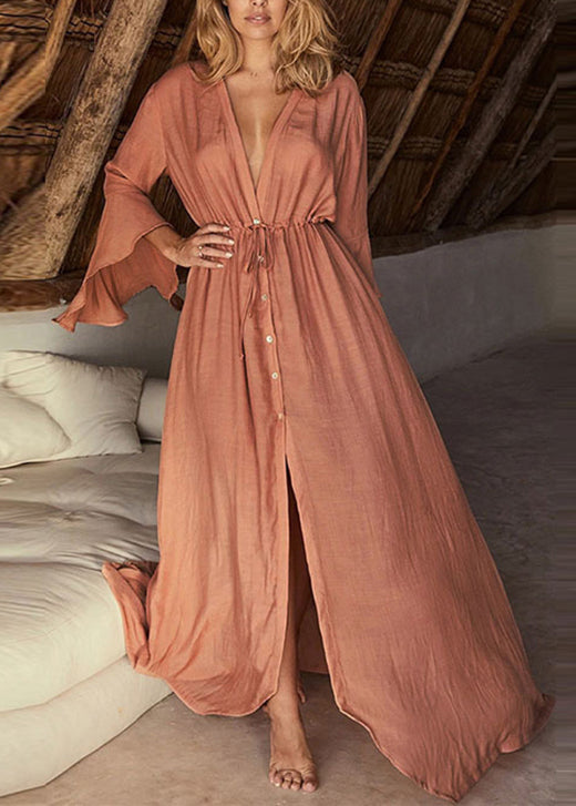 Loose Rubber Red V Neck Drawstring Cotton Maxi Dresses Flare Sleeve