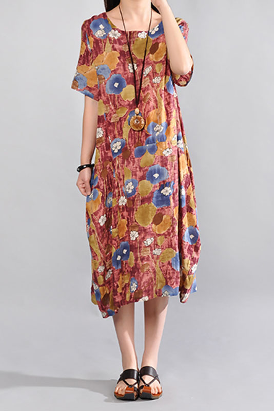 Summer Cotton Linen Dress Short Sleeve Linen Long Dress