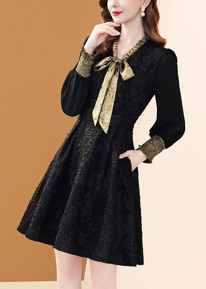 Black Bow Pockets Patchwork Dresses Winter