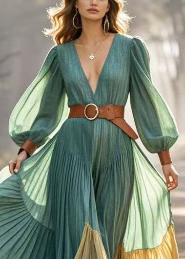 Green Cinched Patchwork Exra Large Hem Pleated Dress Spring