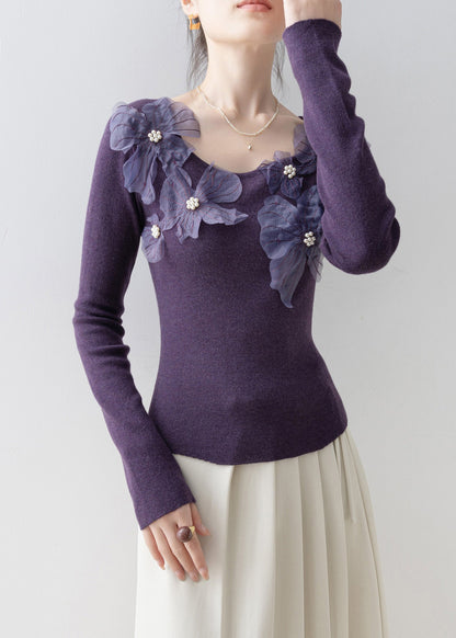 Slim Fit Purple O Neck Nail Bead Knit Top Spring