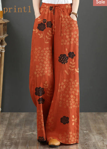 Orange-print3 Elastic Waist Linen Straight Pants Color Drawstring Summer