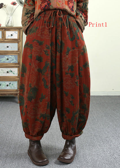 Pockets Print Elastic Waist Fine Cotton Filled Pants Winter