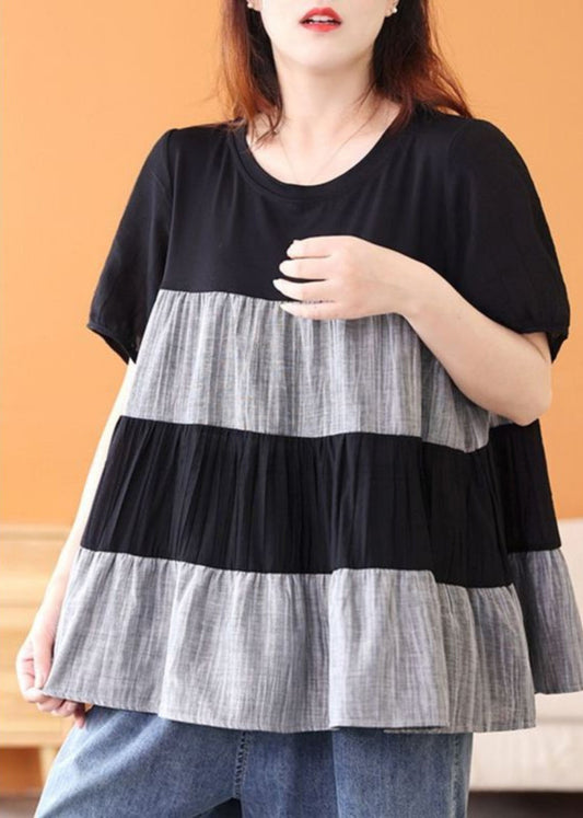 Handmade Black O-neck Wrinkled Patchwork Top Short Sleeve