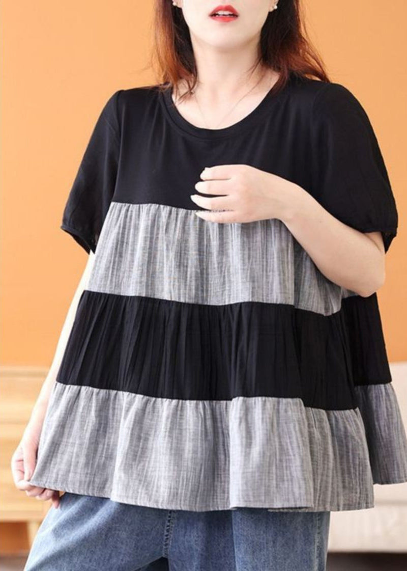 Handmade Black O-neck Wrinkled Patchwork Top Short Sleeve