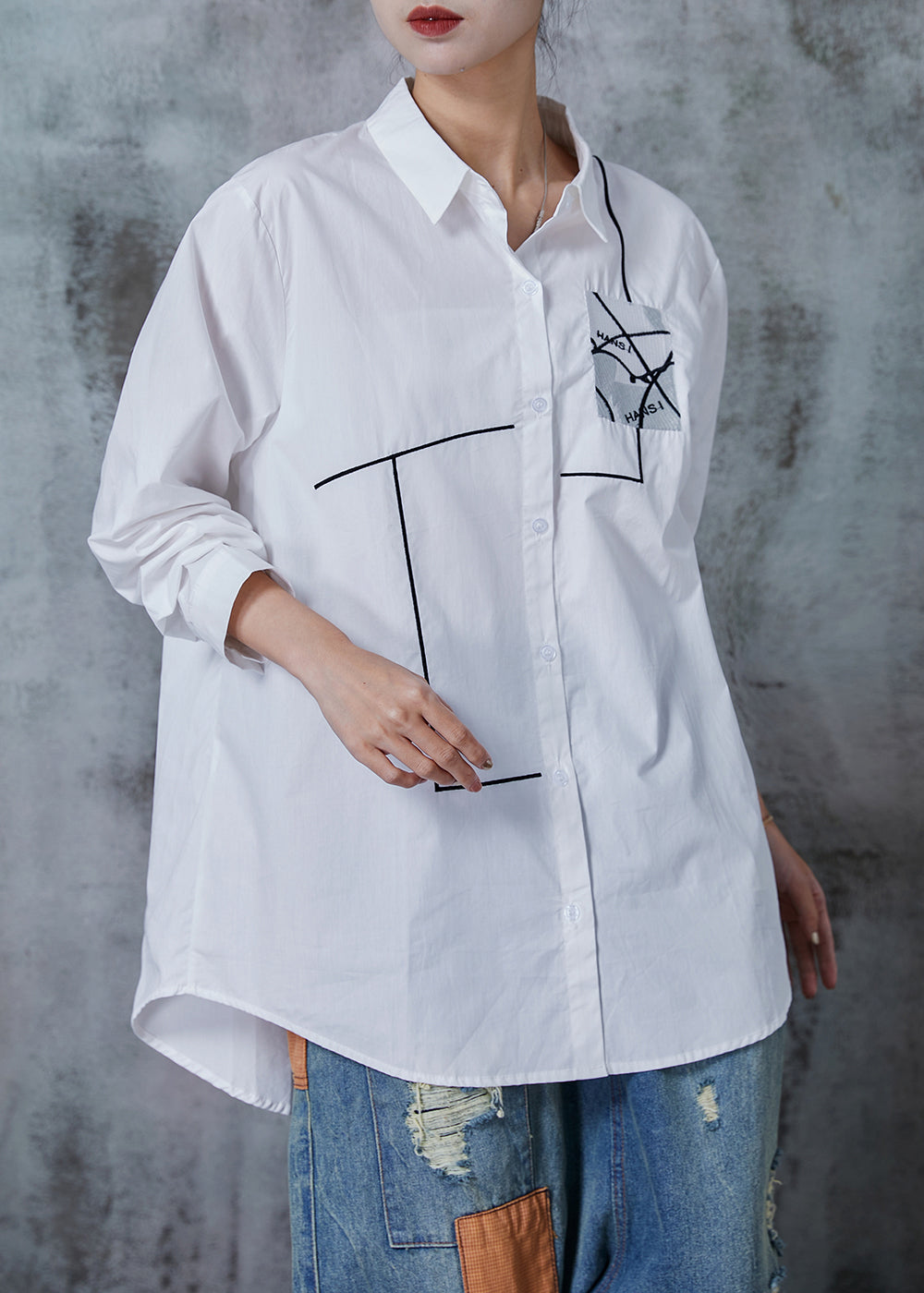 White Oversized Print Cotton Shirt Tops Summer