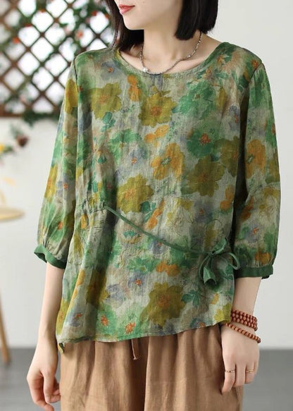 Green O-neck Print Drawstring Tie Waist Ramie Top Long Sleeve