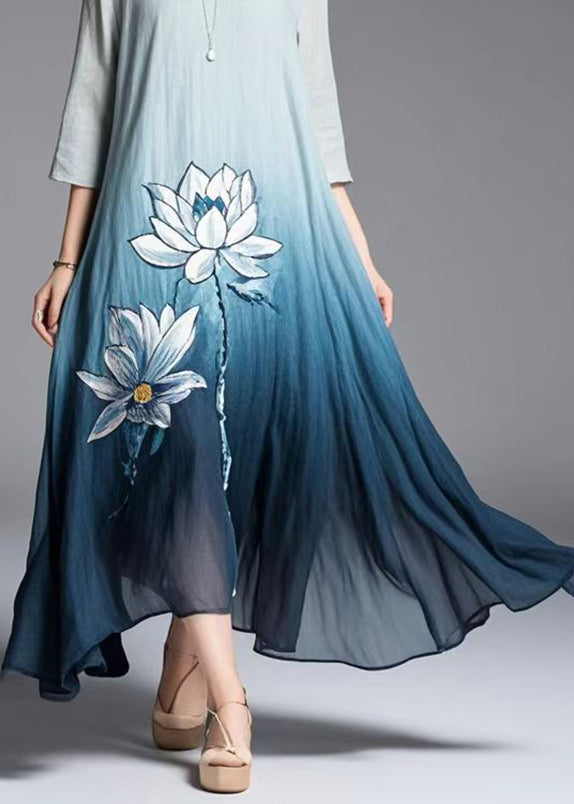 Gradient Color Lotus Print Cotton Dress Summer
