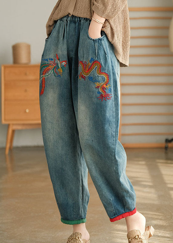Unique Blue Pockets Embroidered Harem Fall Denim Pants