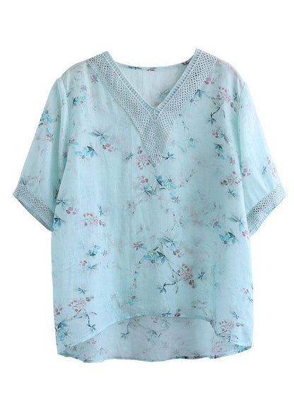 Simple Light Green V-neck Print Summer Ramie Shirt Top Short Sleeve