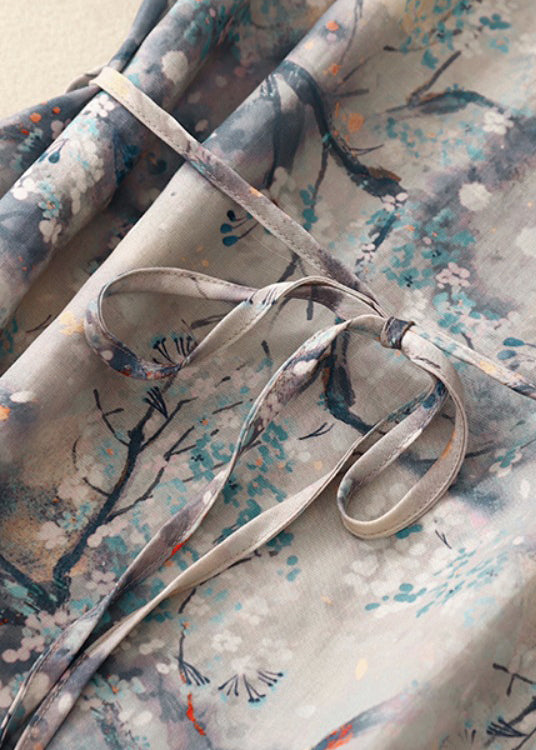 Blue V Neck Print Tie Waist Cotton Dresses Summer