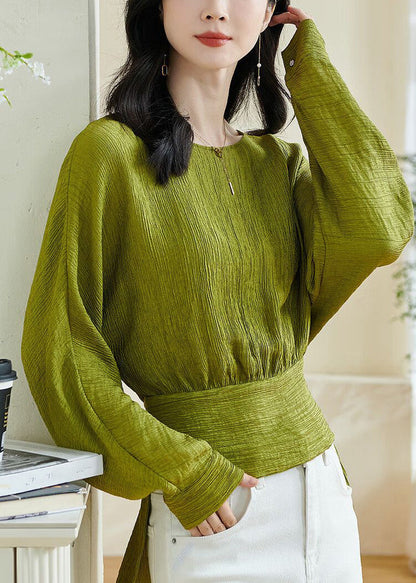 Green O-neck Patchwork Bow Top Lantern Sleeve