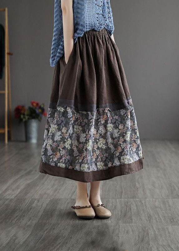 Coffee Wrinkled Pockets Print Patchwork Linen Skirt Summer