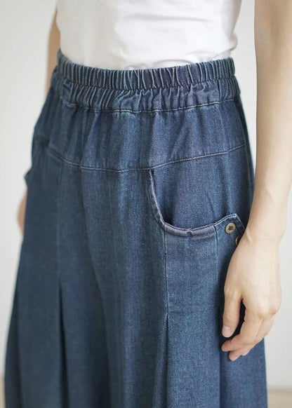 Loose Navy Pockets Wrinkled Denim Wide Leg Pants Summer