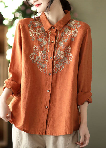 Orange Button Peter Pan Collar Embroidered Linen Blouses Spring