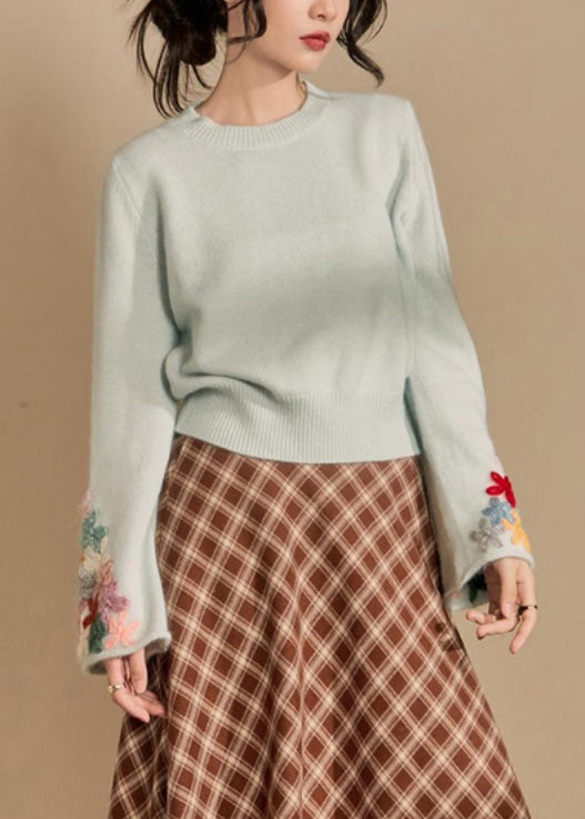 Art Light Blue O Neck Patchwork Knit Sweater Flare Sleeve