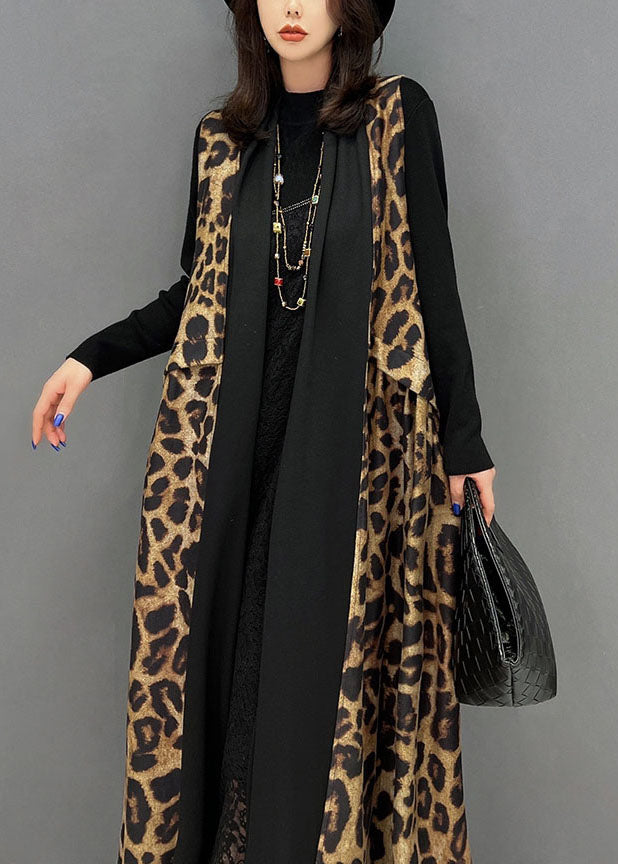 Black Leopard Print Patchwork Chiffon Long Cardigan Sleeveless