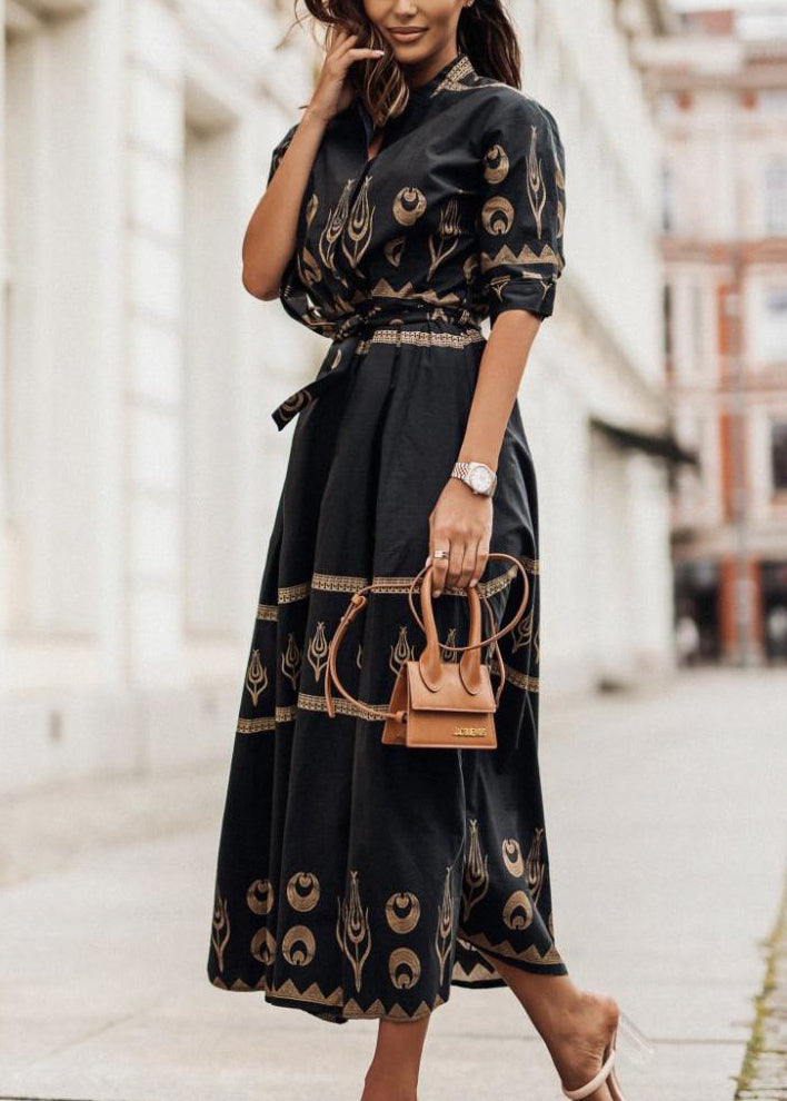 Stylish Green Stand Collar Print Tie Waist Cotton Dress Summer