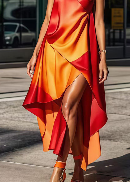 Gradient Color Asymmetrical Design Silk Long Dress Summer