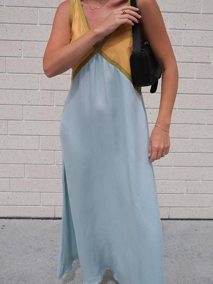 V-neck Contrasting Color Splicing Dress