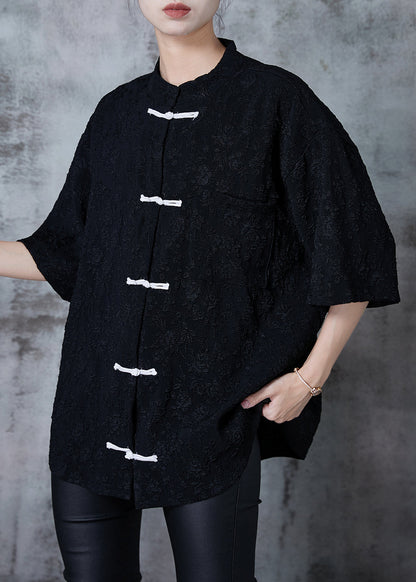Black Jacquard Loose Silk Shirt Top Chinese Button Summer