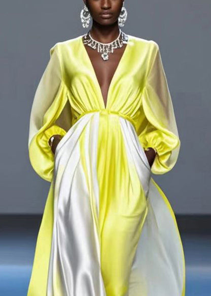 Gradient Yellow V Neck Draping Silk Long Dress Lantern Sleeve