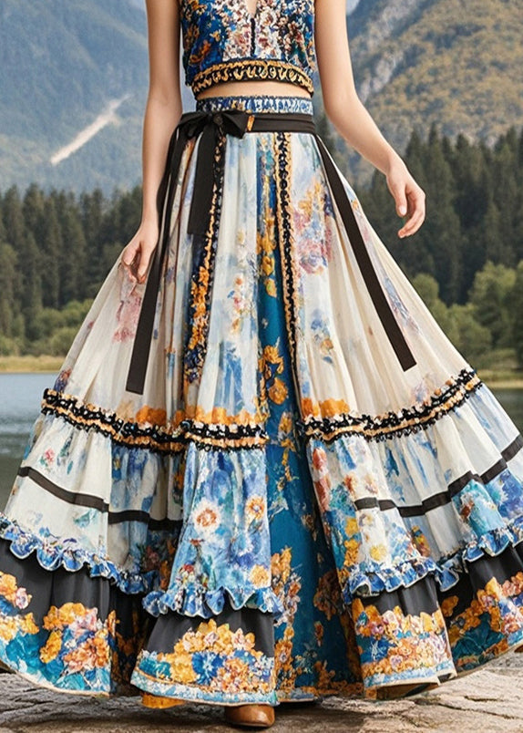 Apricot Ruffled Print Exra Large Hem Chiffon Skirts Fall